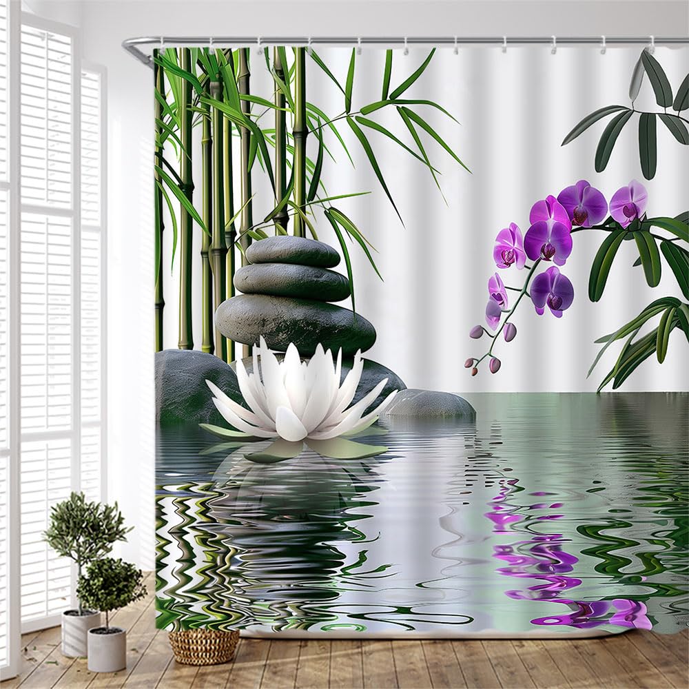 Zen Garden Shower Curtain Green Bamboo Spa Stone Lotus Purple Orchid Flower Nature Japanese Relax Fabric Bathroom Decor Curtain Sets with Hooks (Green Purple / 35"Wx70"H)