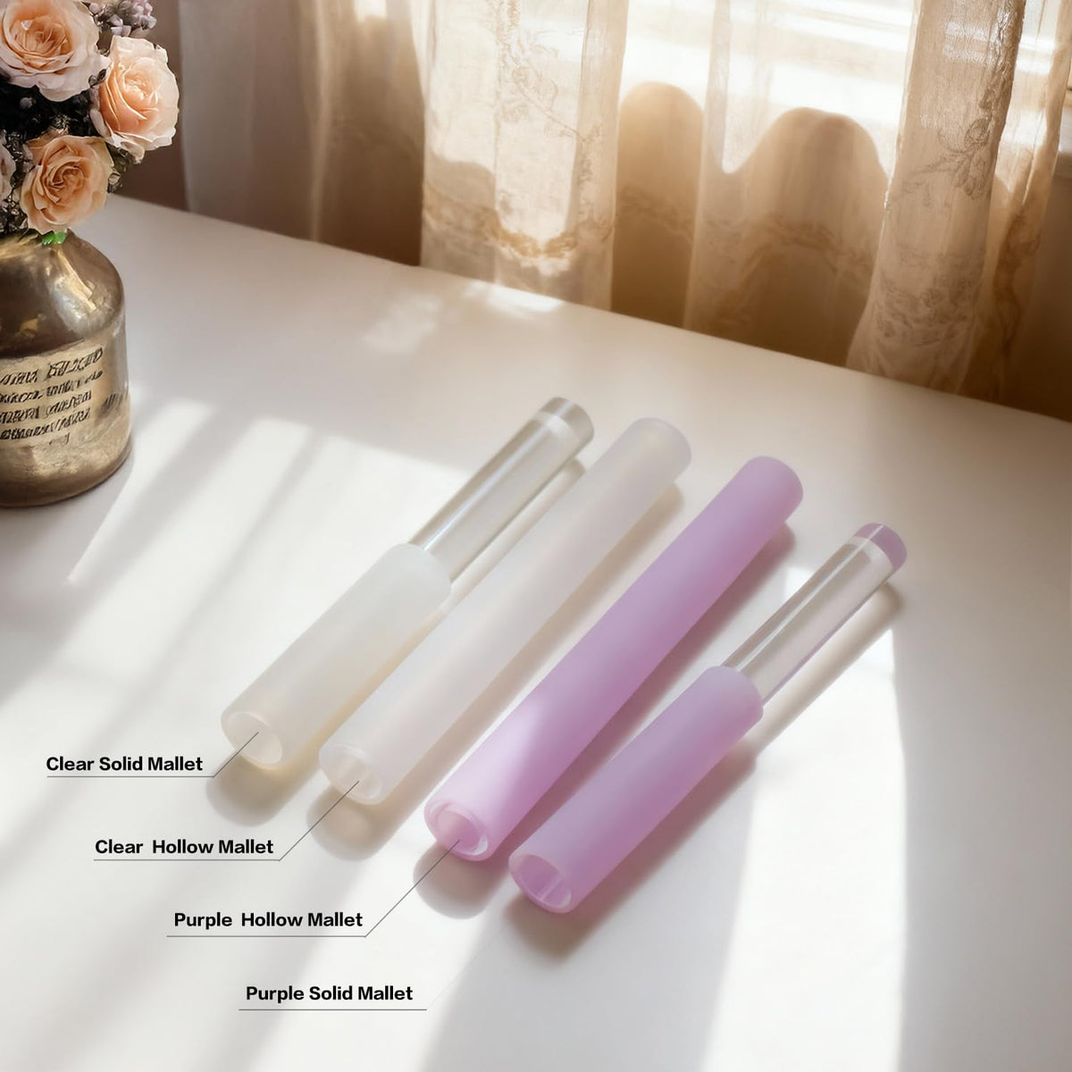 4 Pcs Singing Bowl Mallet Set Includes Solid and Hollow Acrylic Silicone Rubber Striker Mallet for Playing Quartz Crystal Singing Bowls with Bundle Pocket (WhitePurple)