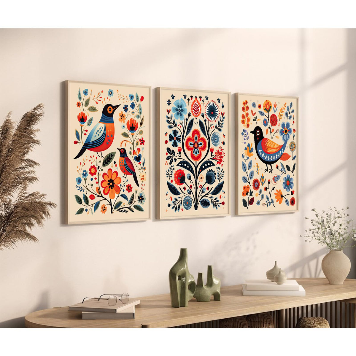 Scandinavian Folk Wall Art Nodic Flower Canvas Wall Decor Norwegian Wall Art Poster Swedish Antique Wall Decor Pictures Floral Bird Prints Vintage Poster for Home Kitchen 24x36x3 Inch Unframed (Unframed / Colorful Flower Prints Art / 36"L x 24"W)