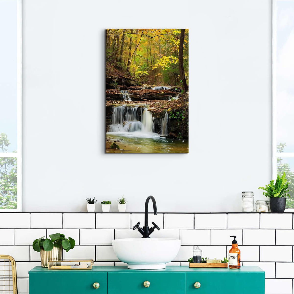 Nature Landscape Wall Art Waterfall Canvas Pictures Living Room Decor Fall Mountain Forest Painting Poster Green Tree Zen Prints Modern Neutral Aesthetic Artwork for Bedroom Home Decorations 16x24" (24"L x 16"W / Waterfall)