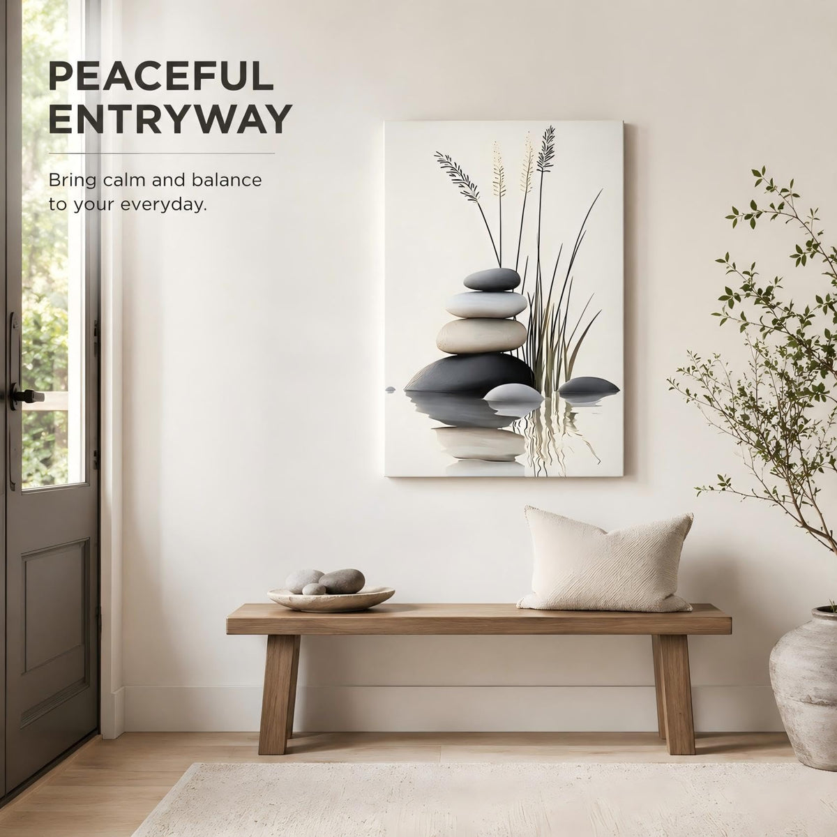 Elegant Framed Zen Inspired Wall Art Featuring Balanced River Stones (Pictures17 / 30"L x 20"W)