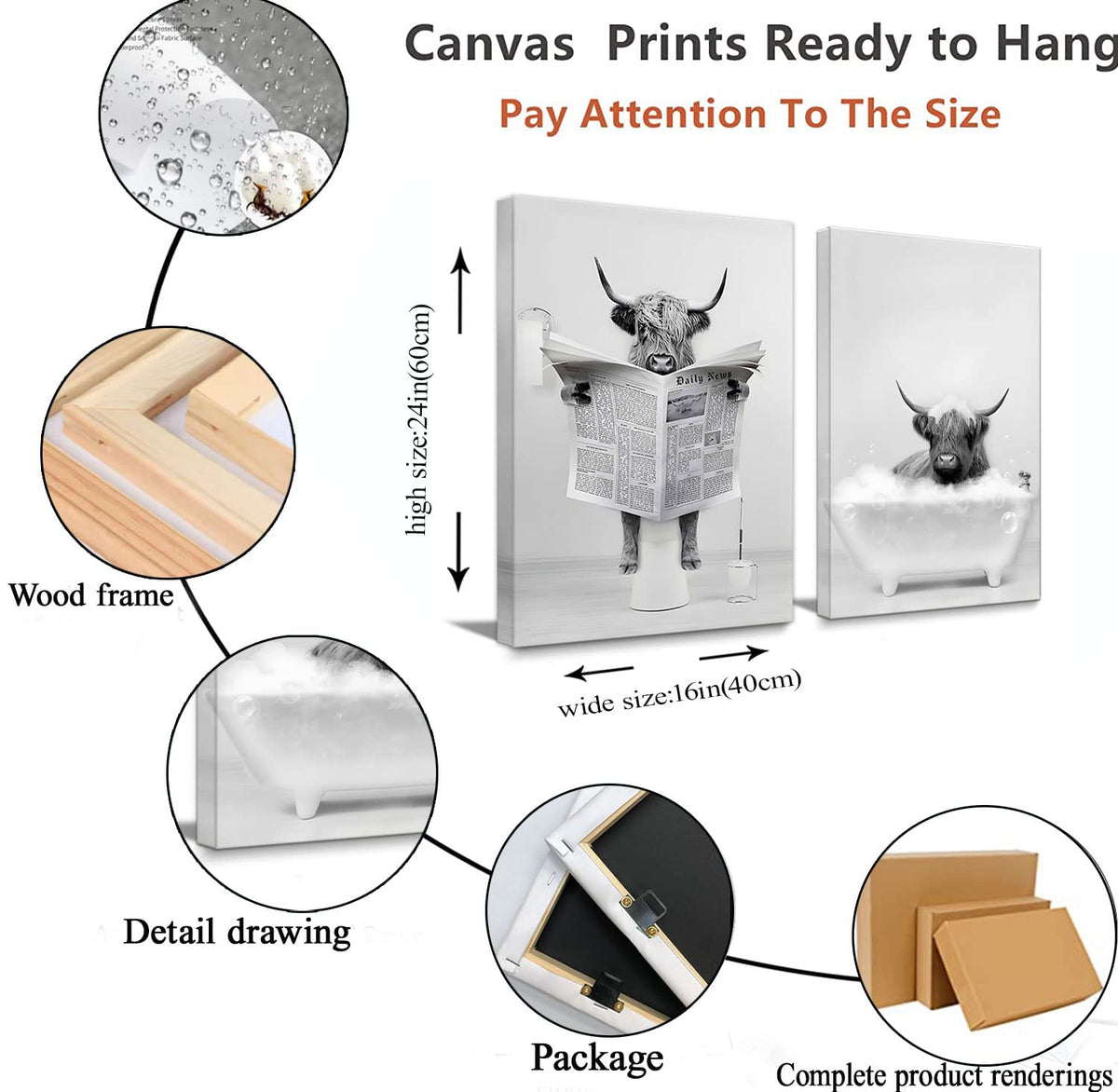 Funny Highland Cow Bathroom Wall Art Farmhouse Animal Canvas Prints Decor (cow wall art / 24"L x 16"W)