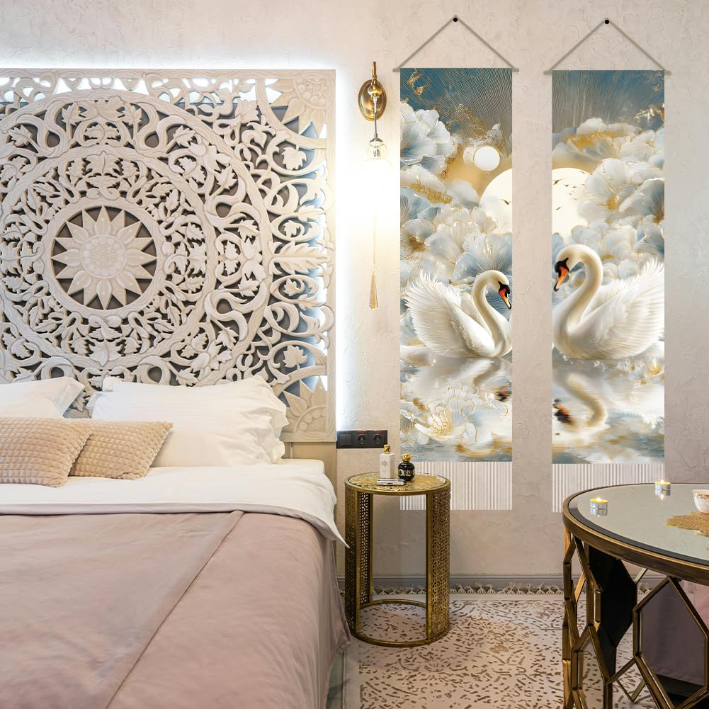 2Pcs Swan Wall Tapestry Lovers Swan Art Wall Hanging Decor Gilded Floral Vertical Long Tapestry Home Decor for Bedroom Living Room Home Office Decoration (white-swan)