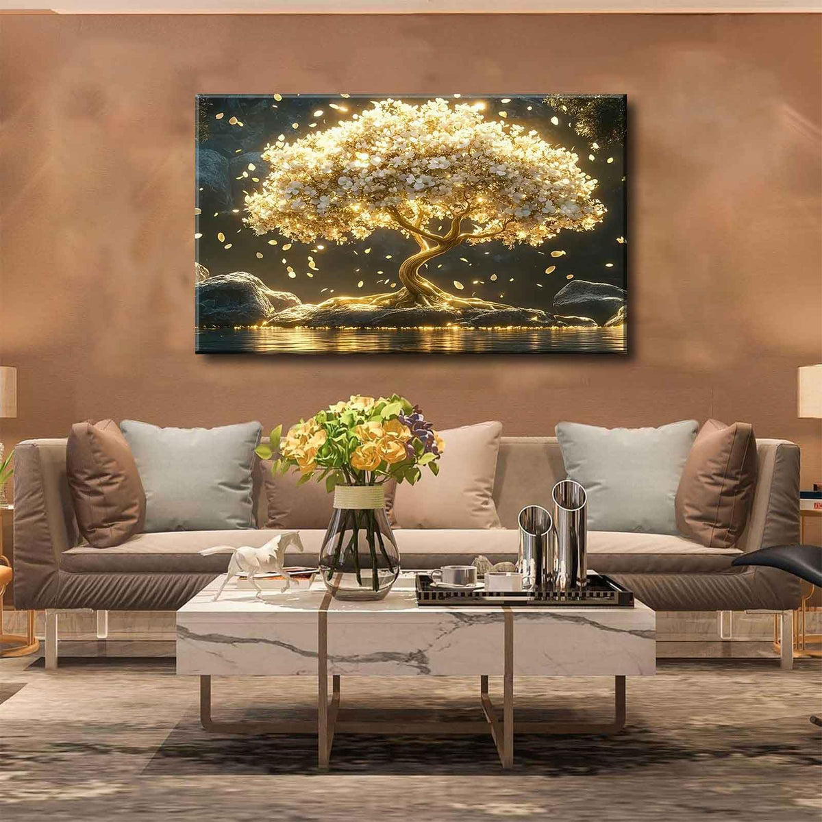 Large Tree of Life Canvas Wall Art Abstract Gold Tree Mountain Lake Decor painting Pictures Nordic Golden White Flowers Posters Prints for living room Bathroom Bedroom Office Hallway Home Decoration (Tree / 36"L x 24"W)