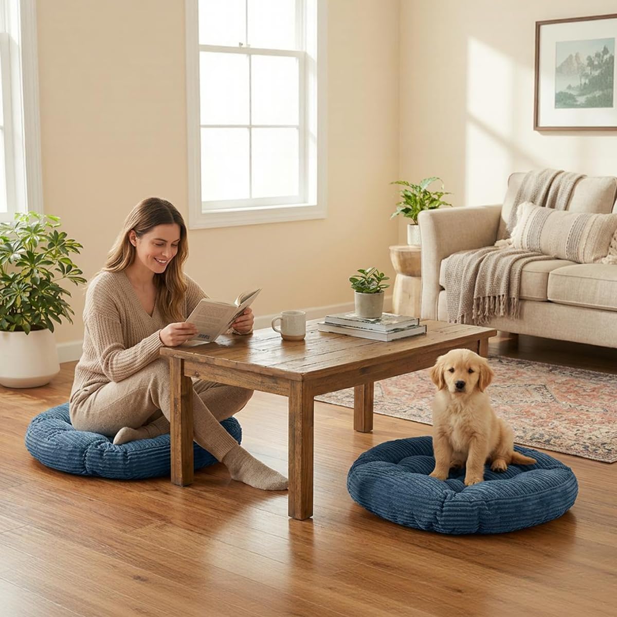 Large Floor Pillow for Adults (Round-navy Blue)