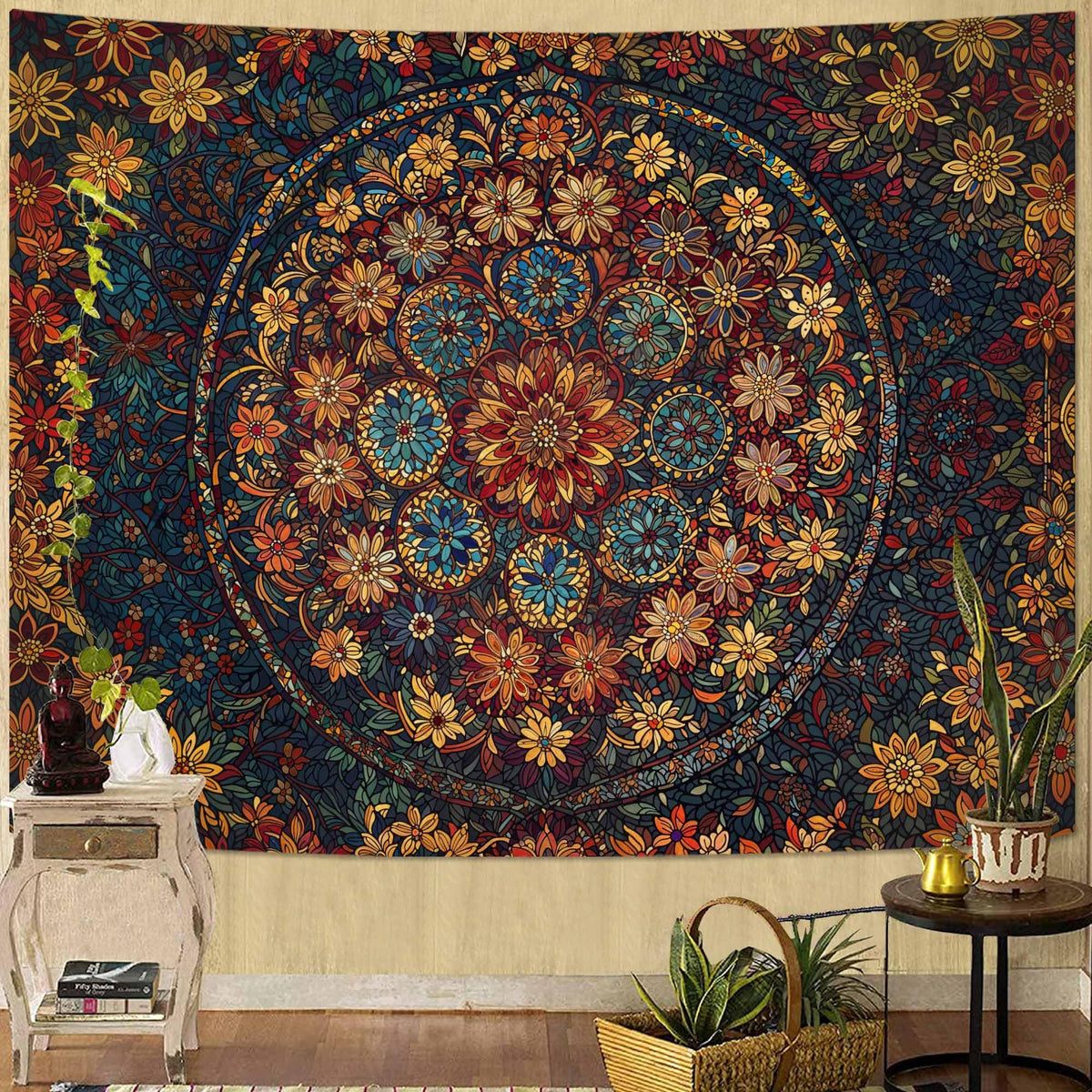 Boho Floral Mandala Tapestry Wall Hanging Vintage Bohemian Flower Medallion Tapestry Aesthetic Orange Stained Glass Hippie Tapestries for Bedroom Living Room Dorm Decor 60 x 44 Inch (Orange Brown / 60"L x 44"W)
