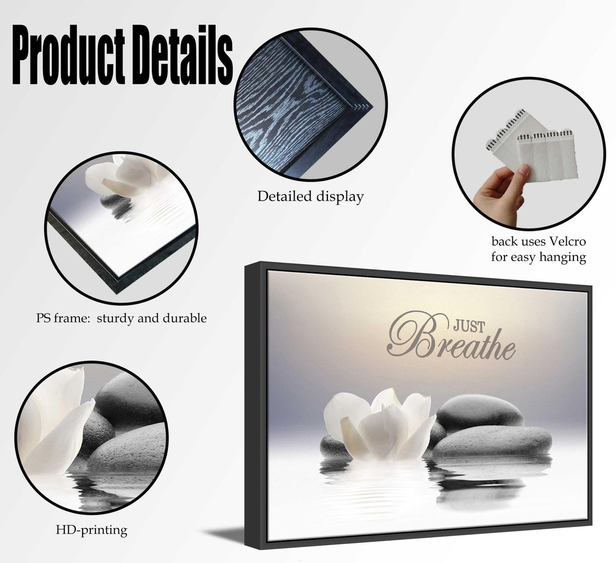 Framed Zen Stone Flower Wall Art White Lotus Just Breathe Yoga Quotes Picture Wall Decor Water Lily Stone Poster Print Artwork for Bathroom Yoga Room Spa Room Meditation Room Office Home Decoration (Framed Lotus / 10"L x 8"W)