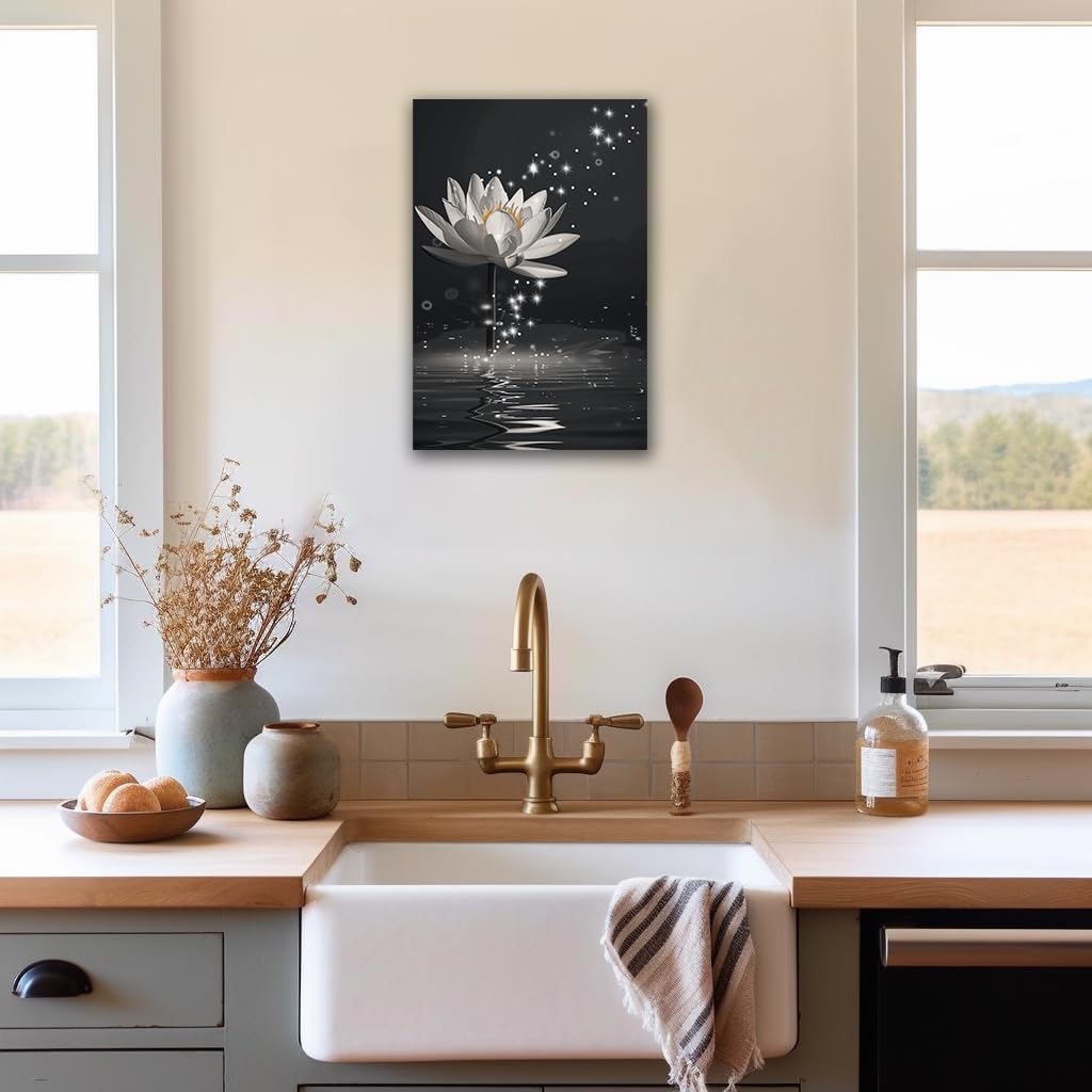 Zen Wall Art White Lotus Flower Canvas Art Print for Spa Bathroom Decor (Zen Stones Canvas Frame-01 / 18"L x 12"W)