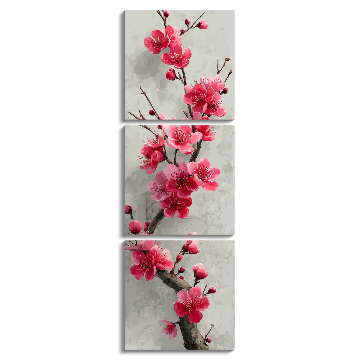 3Pcs Abstract Plum Blossom Canvas Wall Art Watercolor Pink Floral Painting Asian Ink Style Botanical Flower Artwork Vertical Elegant Nature Decor for Living Room Bedroom Office Zen Home (Vertical Pink Floral / 20x20inchx3)