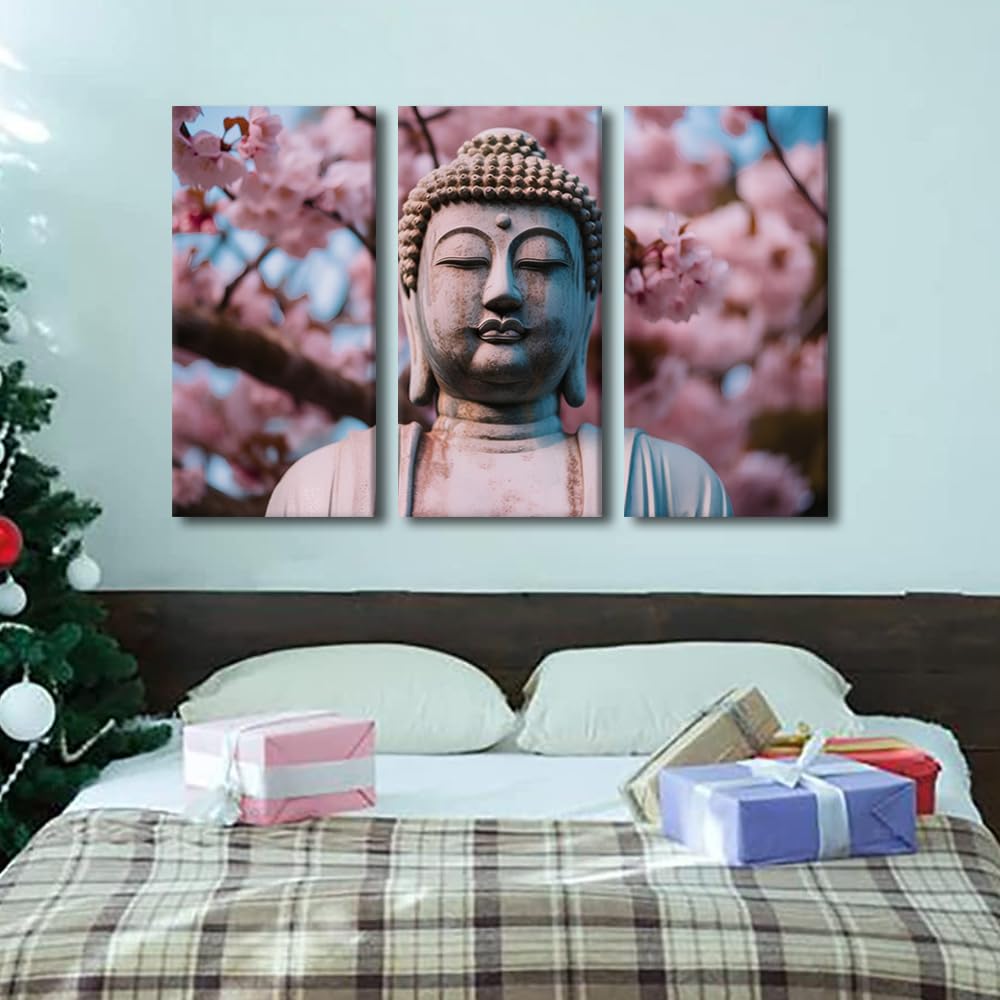 Buddha Canvas Wall Art Modern Living Room Decor Buddha Statue Cherry Blossom Poster Prints on Canvas 3 Panel Bedroom Wall Art for Office Wall Decoration Stretched and Framed Ready to Hang 42x28 in (42x28 in / 3PANEL-13)