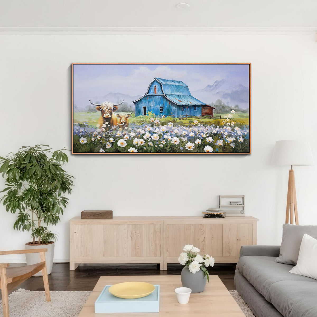 Highland Cow Farmhouse Wall Art for Living Room (Blue Barn / Wood Framed / 48.1"L x 24.1"W)