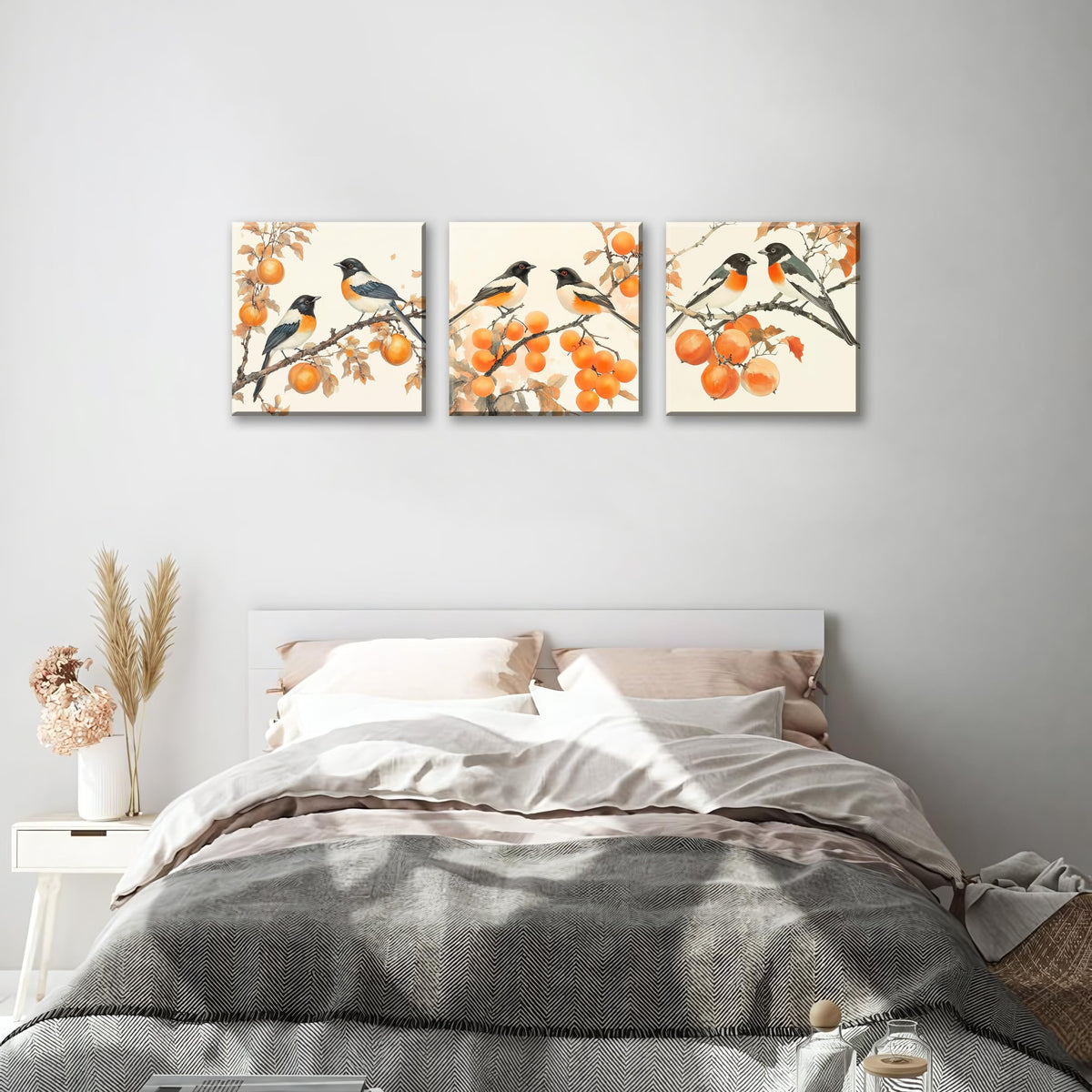 3PCS Vintage Style Watercolor Birds Orange Fruits Canvas Wall Art Botanical Autum Natural Scene Artwork for Living Room Bedroom Office Calming Wildlife and Fruit Branch Framed Canvas Prints (Birds Orange Fruits / 14x14 inches (3 pieces))