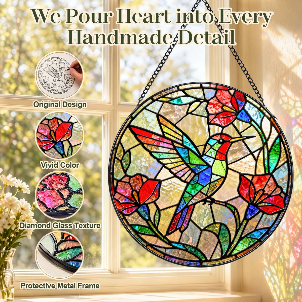 Hummingbird Suncatcher Stained Glass Window Hanging (Red Hummingbird 6.3)