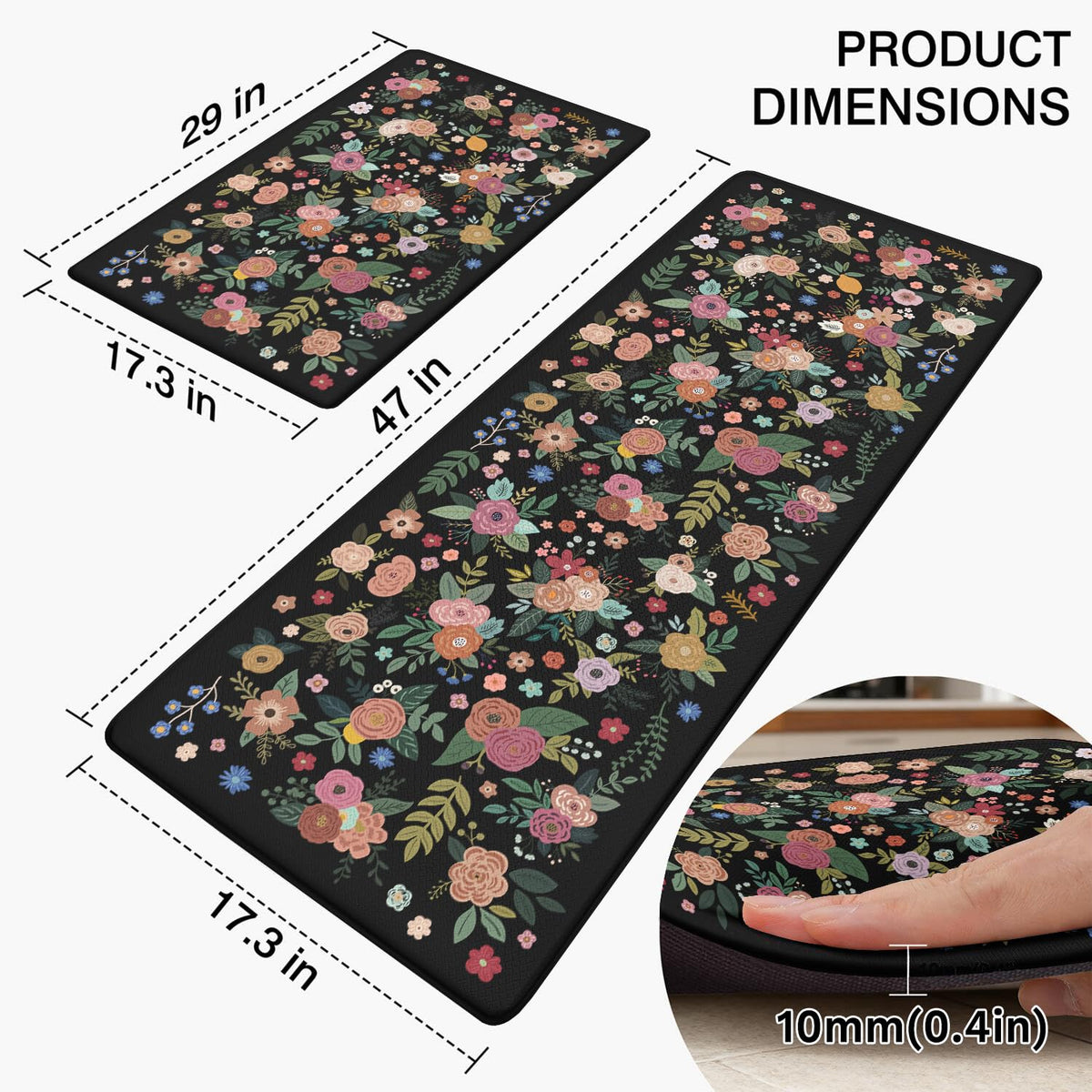 Anti Fatigue Boho Kitchen Rugs Set of 2 (Floral-black)