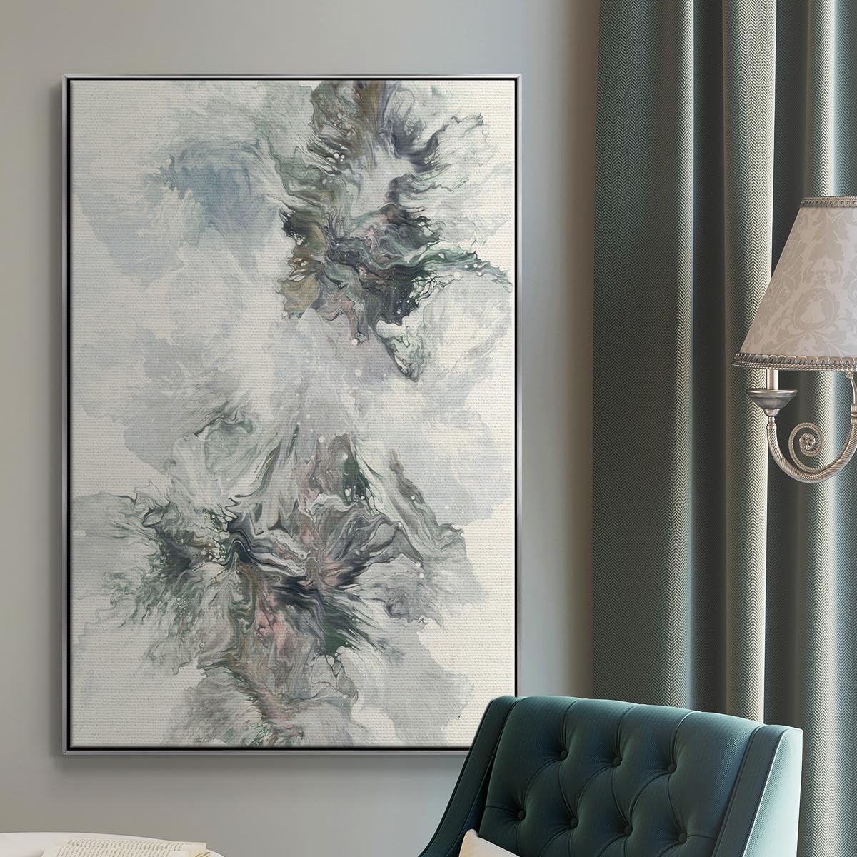 Canvas Art Paintings for Living Room White Flowing Fluid Movement Abstract Silver Floater Frame Prints for Kitchen Hotel Bedroom Walls (25"L x 17"W / Dancing With Passion)