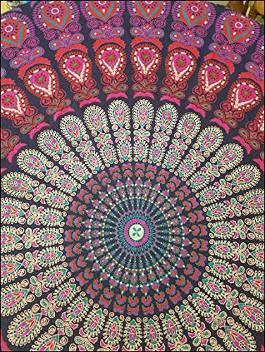 Round Tapestry with Tassel Wall Hanging Ombre Hippie Mandala Bohemian Hippy Intricate Indian Tapestries Tablecloth 70 Inches (Blue Multicolor / 70"L x 70"W)