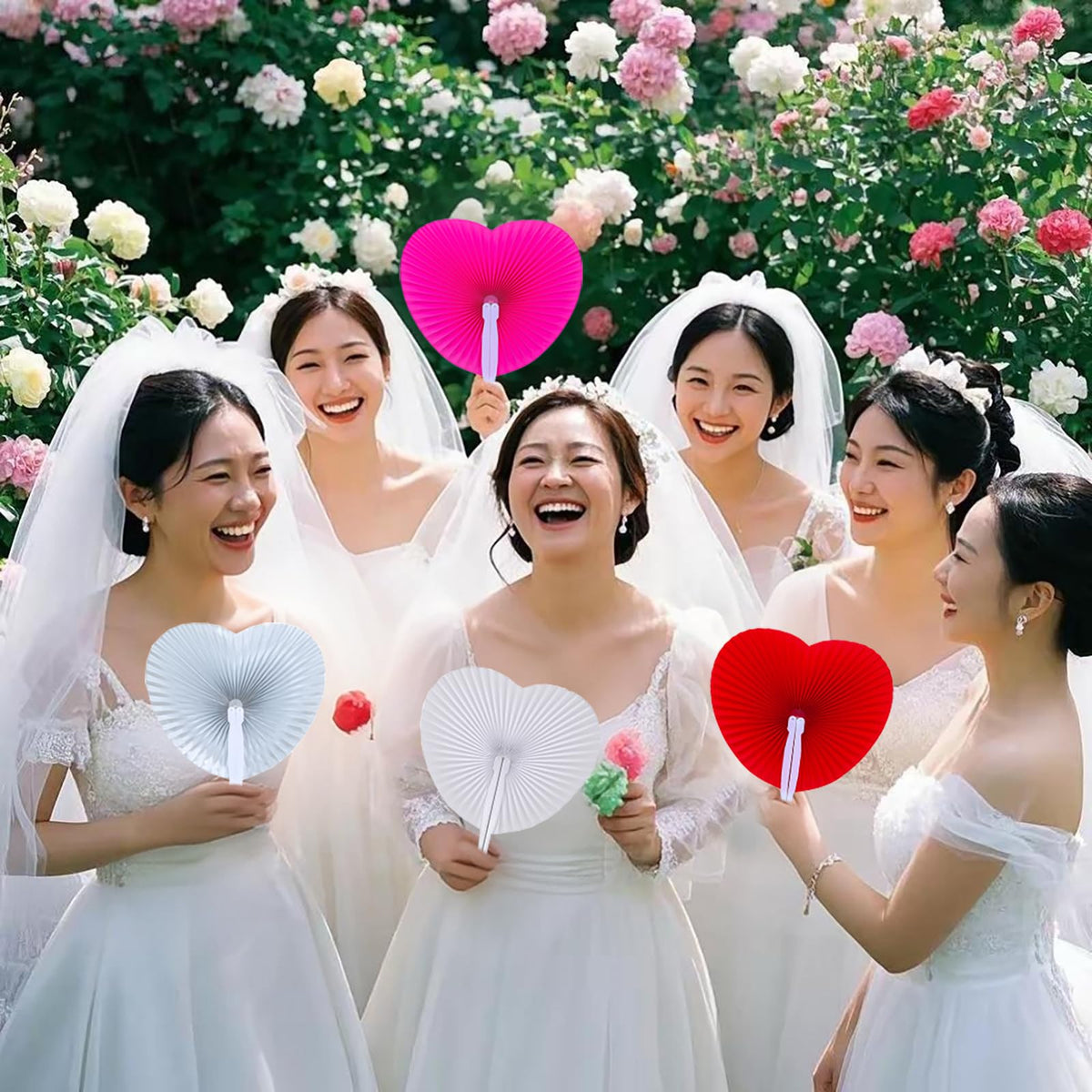 24 Pieces Multicolor Heart Paper Fans (6 Mix Colors / 24 PCS)