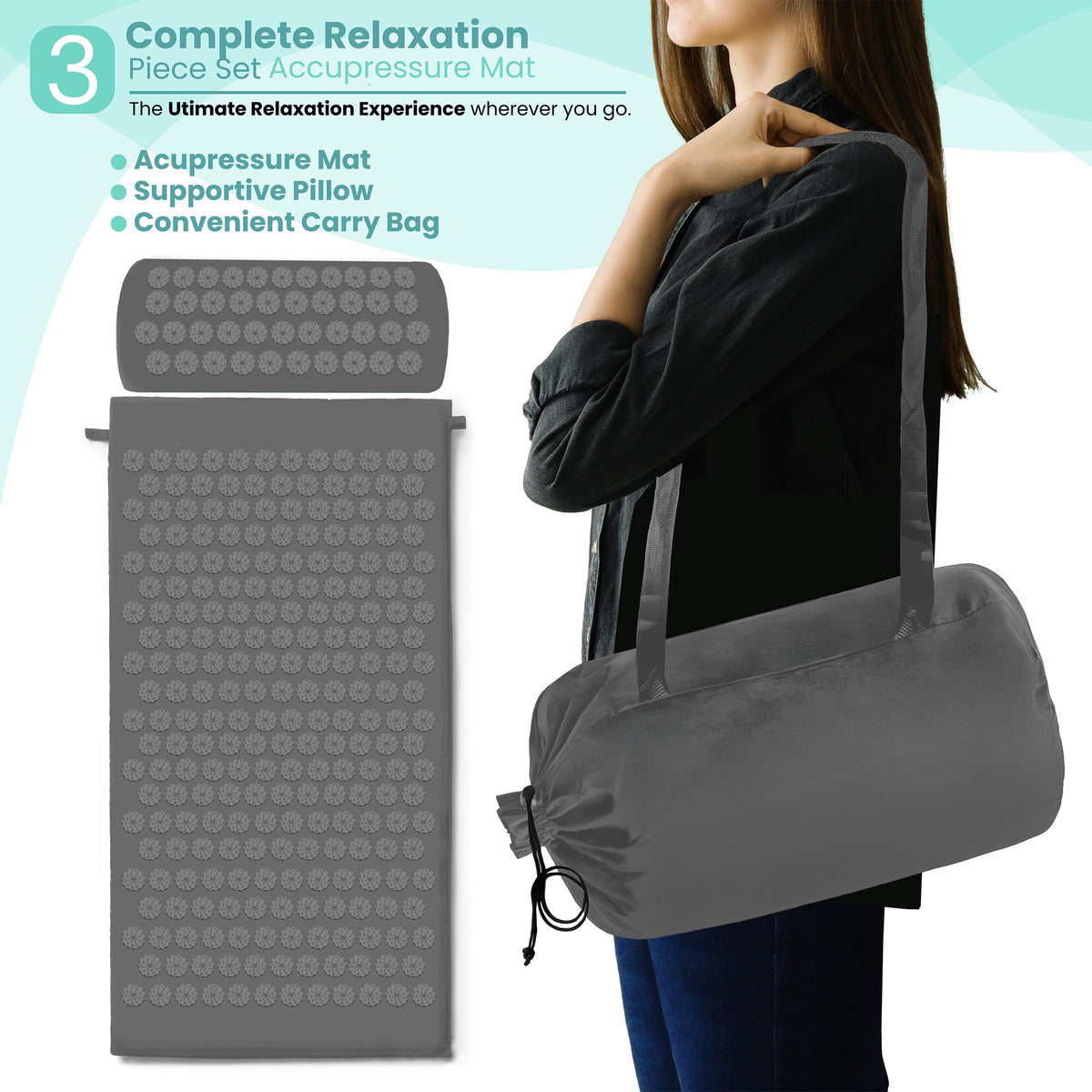 Sivan Acupressure Mat & Pillow Set for Back & Neck (Gray/Gray / Large)