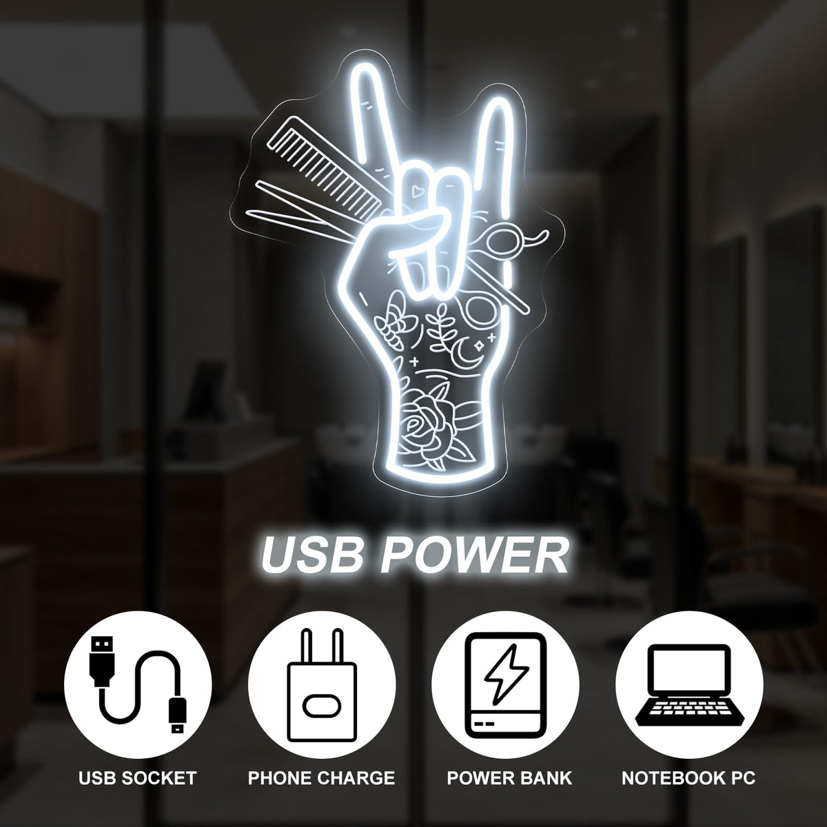 Stylish Hand Holding Scissors and Comb Neon Sign Hair studio Led Light (Hand Scissors)