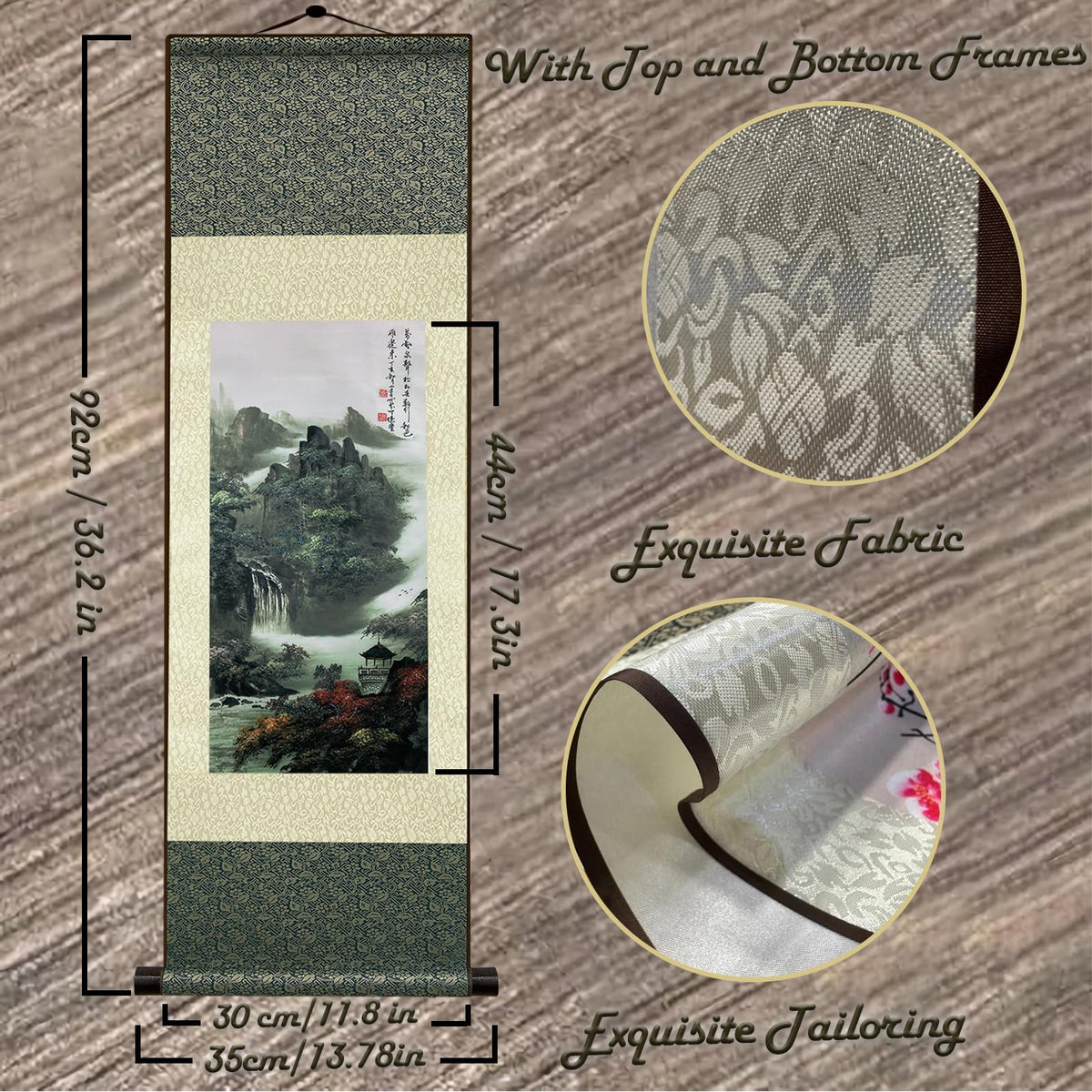Asian Art Mountain River Landscape Silk Scroll Wall Painting with Waterfall Pavilion and Pine Trees View Traditional Chinese Home Decor for Living Room Bedroom Office 36x12 Inch (HJ-J001)