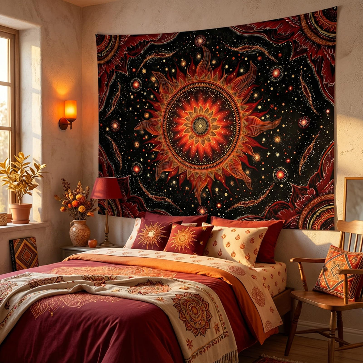 Tapestry Fiery Celestial Sun Mandala Wall Hanging Mystical Red Gold Starry Sky Decor Bohemian Yoga Meditation Backdrop 60"x44" (60"L x 44"W / Dark Red)