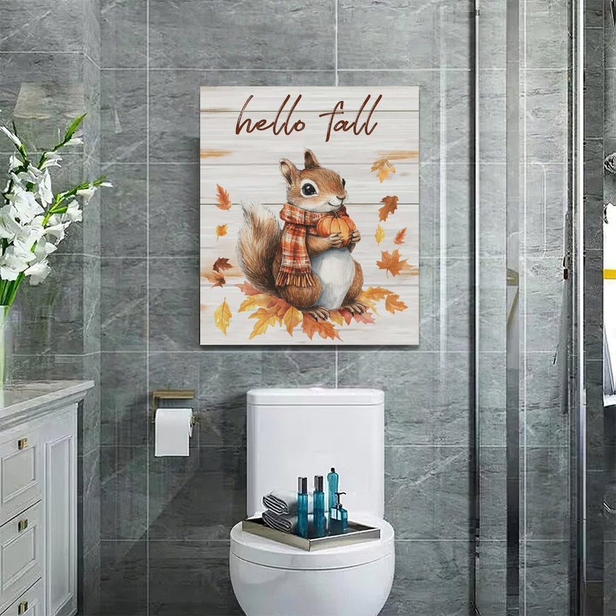 Fall Squirrel Wall Art Squirrel Pictures Wall Decor Autumn Canvas Prints Maple Leaf Decorations Painting Framed Artwork Office Home Decor For Kitchen Bathroom Bedroom Dining Living Room 20"x24" (Squirrel / 20"L x 24"W)