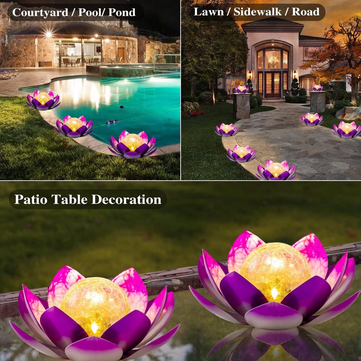 Solar Light Outdoor Decor Art Crackle Globe Glass Lotus Decoration (Purple)