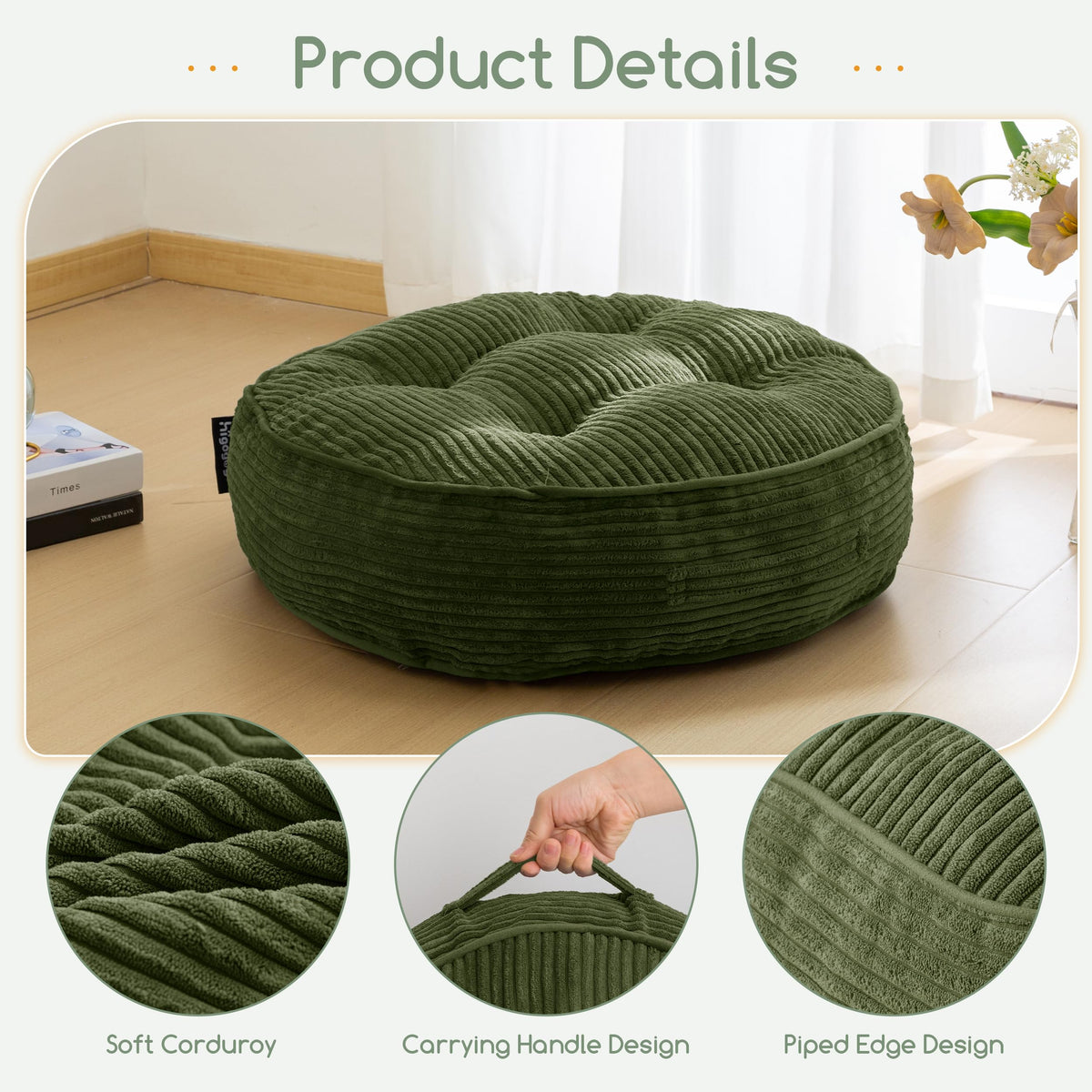 6" Extra Thick Floor Pillow Cushion for Adults (Round Dark Green / 6" Thick(Pack of 1))