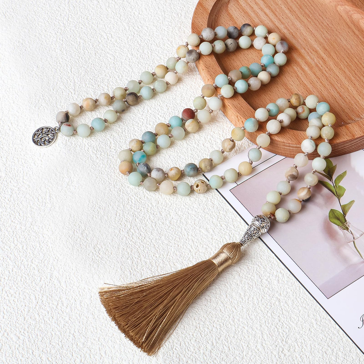 8mm 108 Mala Beads Wrap Bracelet Necklace for Yoga Charm Bracelet Natural Gemstone Jewelry for Women Men (Wood with Lotus)
