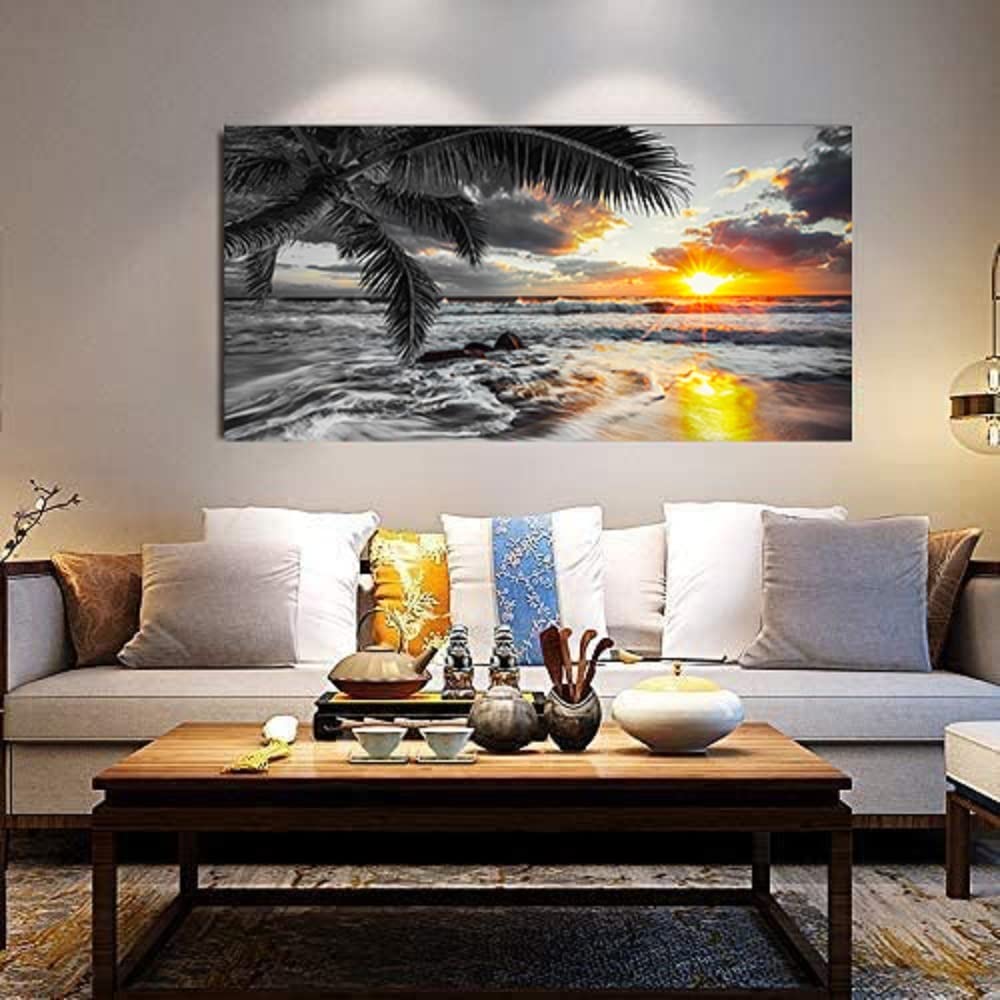 Large Canvas Black White Gold Ocean Wall Art Sunset Beach Pictures Coastal Painting Sunrise Seascape Scenery Print Palm Poster Sea Artwork for Bedroom Wall Art Living Room Office Décor (black white Sunrise beach / 60"L x 30"W)