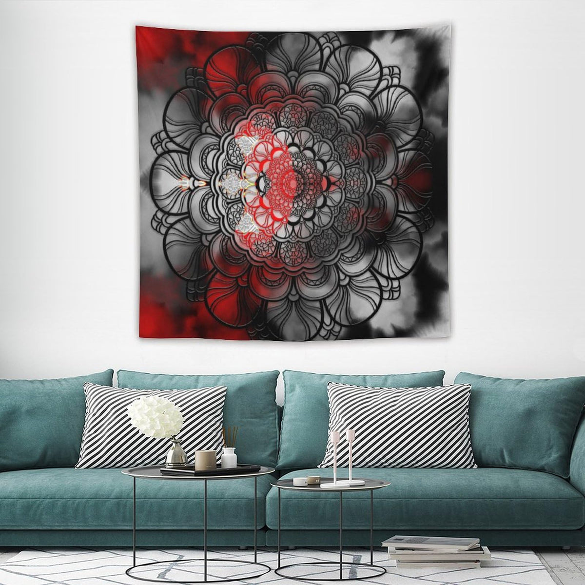 Black And Red Mandala Tapestry Wall Hanging Abstract Yellow Red Black Boho Floral Modern Tapestries Home Decor for Living Room Bedroom Apartment Farmhouse Dorm 60"x60" (60"L x 60"W / Mandala-15)