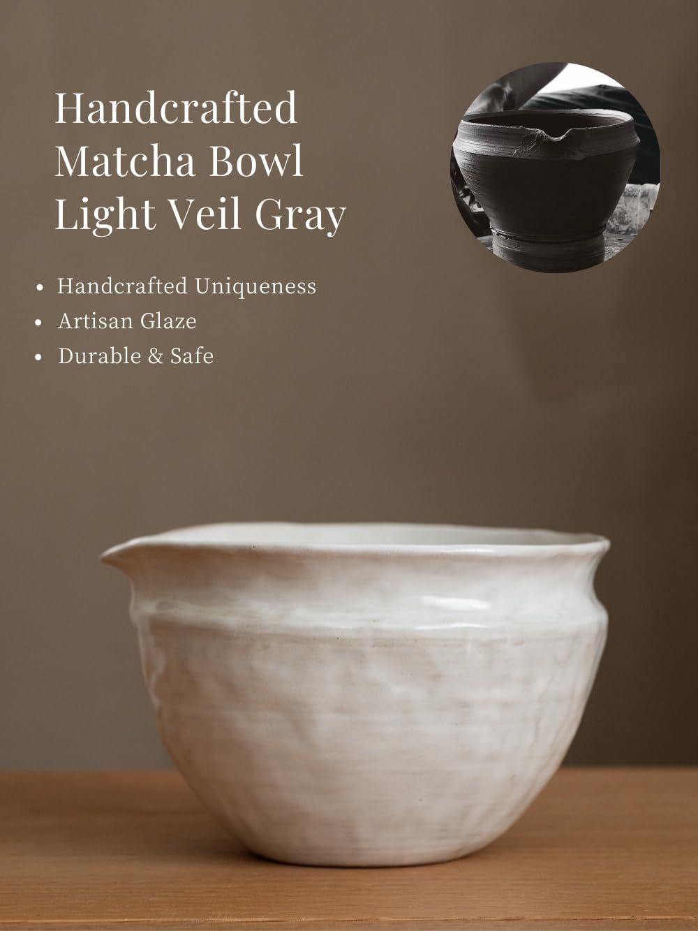 Matcha Set with Handmade Ceramic Bowl & Bamboo Whisk (Pearl Gray)