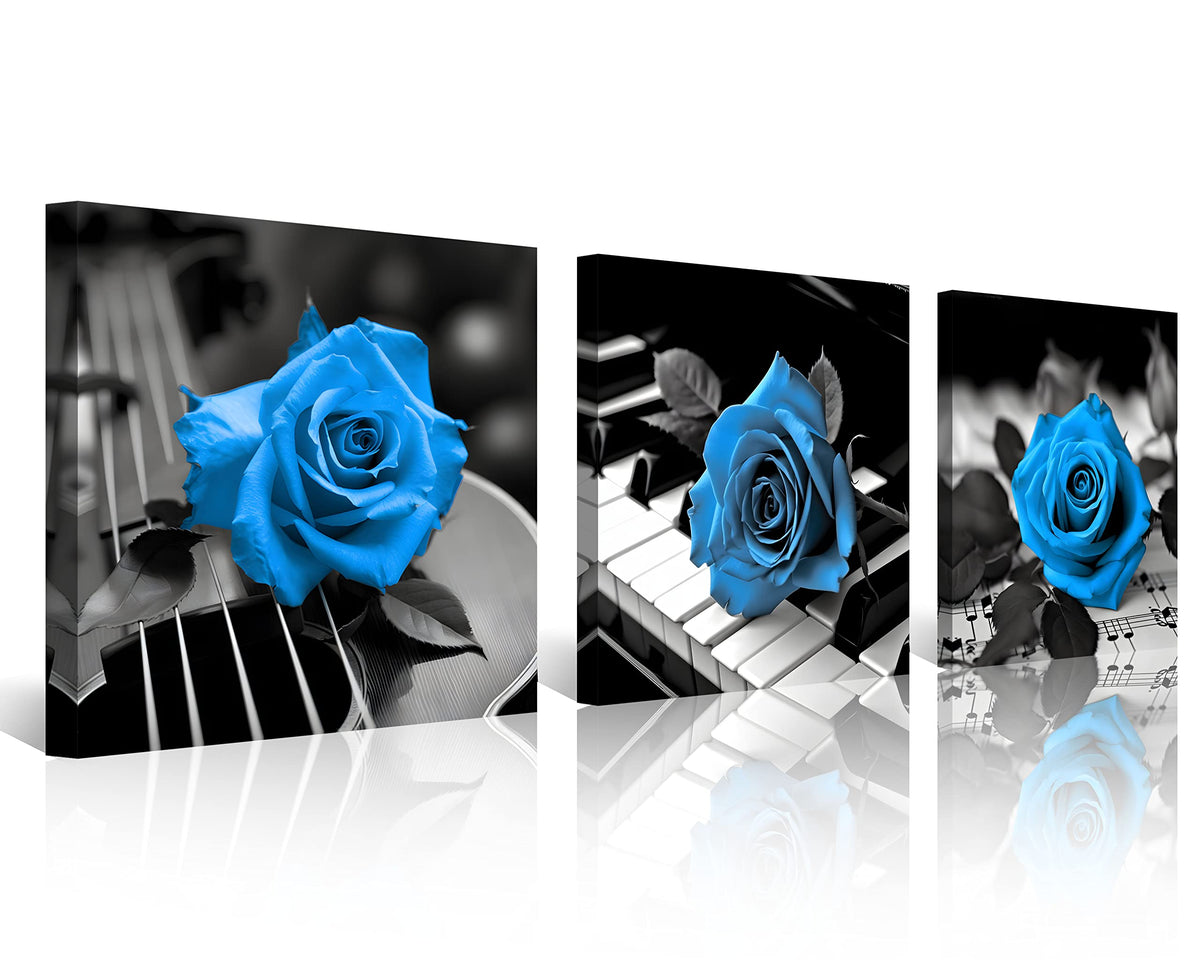 Blue Wall Decor for Living Room Blue Bathroom Accessories Black and White Canvas Wall Art Blue Rose Music Pictures Bedroom Decor Modern Painting Kitchen Home Decorations 16x16 3 Pcs (16 x 16 inches (3-Piece Set) / Blue Rose & Music)