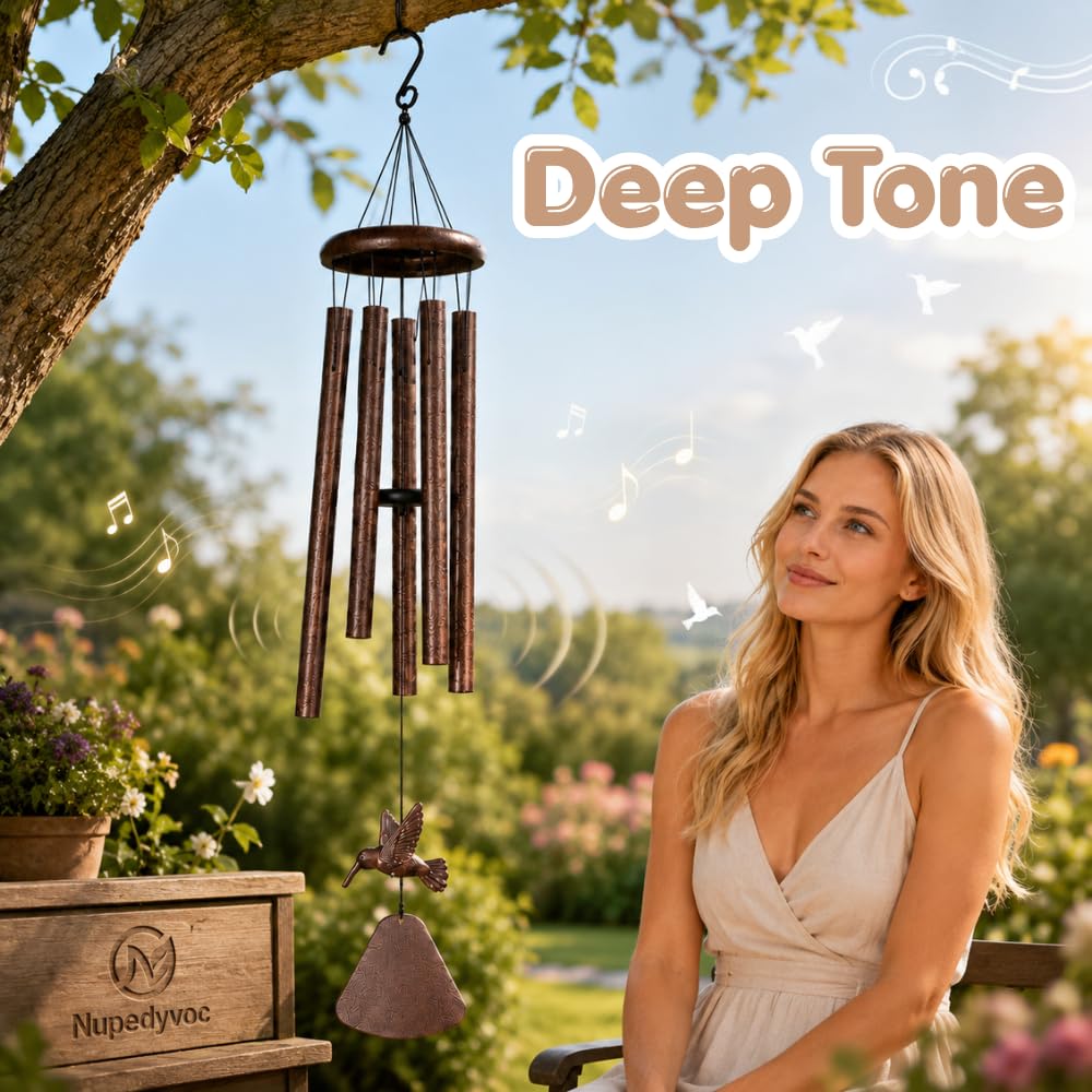 32” Large Matte Antique Bronze Hummingbird Aluminum Wind Chimes with Iron Cap for Outside (Matte Antique Bronze Hummingbird Aluminum Wind Chimes With Iron Cap)
