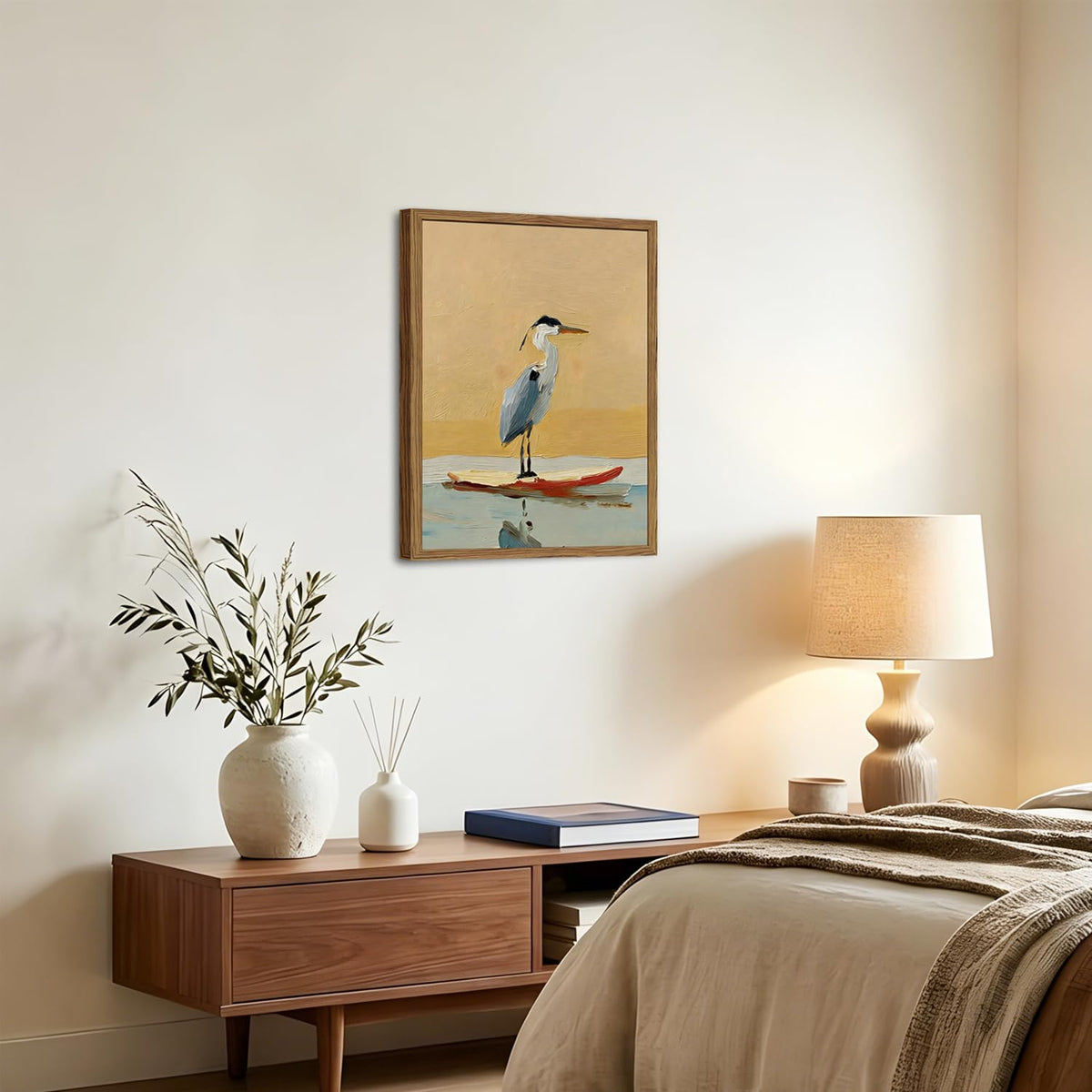 Blue Heron Wall Art Vintage Coastal Bird Wall Decor Picture Beach Wildlife Animal Poster Canvas Painting Print for Bathroom Living Room Bedroom 12x16 Inch Wood Framed (Animal-D / 16"L x 12"W)