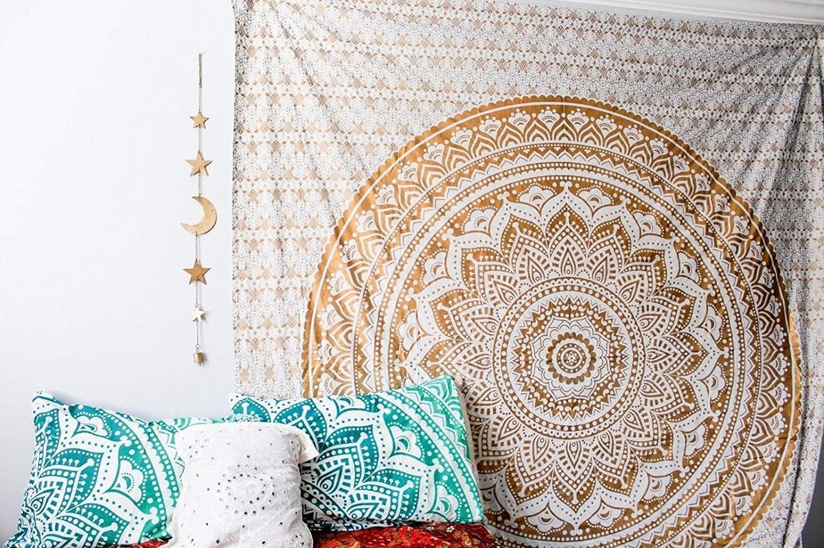 Handmade Cotton Mandala Wall Tapestry (White Gold / 84"L x 54"W)