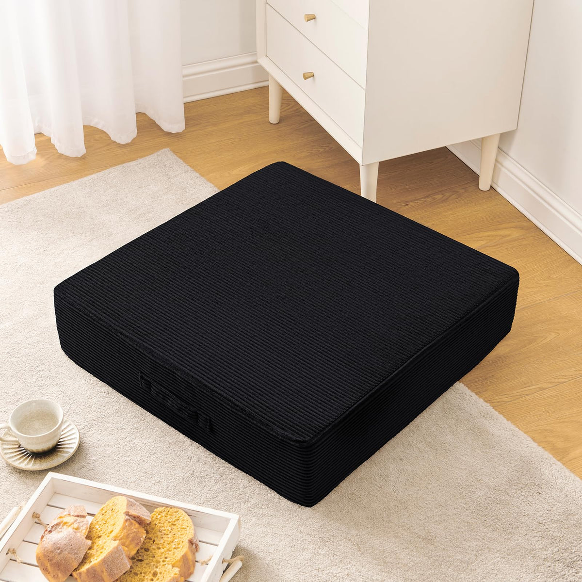 Solid Square Floor Pillows for Adults Kids (Black / 2 Pack (22"x22"))