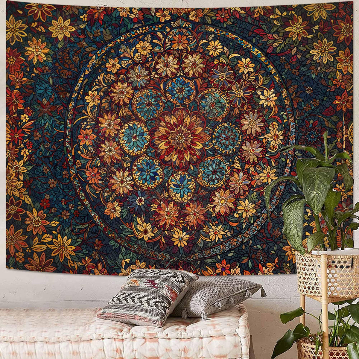 Boho Floral Mandala Tapestry Wall Hanging Vintage Bohemian Flower Medallion Tapestry Aesthetic Orange Stained Glass Hippie Tapestries for Bedroom Living Room Dorm Decor 60 x 44 Inch (Orange Brown / 60"L x 44"W)