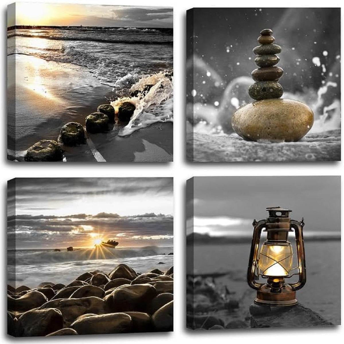 Canvas Zen Décor Black and White Beach Wall Art Ocean Poste Seascape Picture Print Sunset Scenery Painting Artwork for Living Room Wall Decor Bedroom Bathroom Wall Home Decorations Framed (black white bech zen / 12"L x 12"W x 4 pcs)