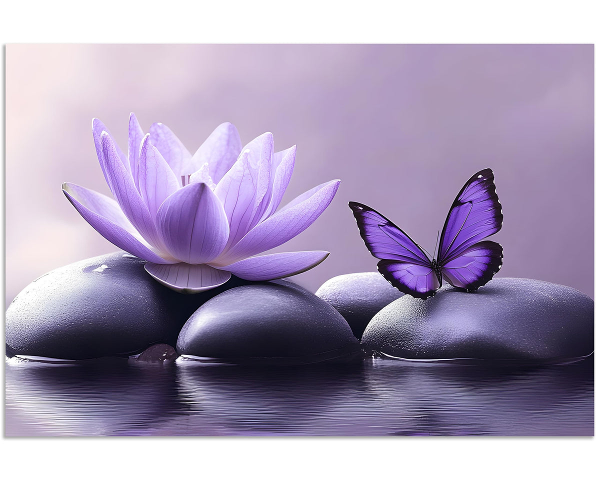 1 Panel Purple Canvas Wall Art Purple Pictures Spa Stone with Water Lily Butterfly on the Water Pictures Poster Zen Wall Art for Living Room Bedroom Ready to Hang (40"L x 30"W / Purple Zen 2)