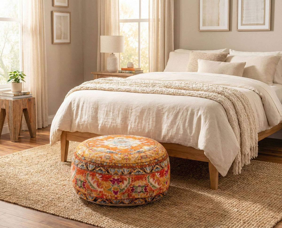Colorful Pouf Cover Orange Round Orange Floor Pillow Seating Area Stool Boho Room Décor Accent Furniture Cotton 24x8 (24x8 Cover Only / Orange)