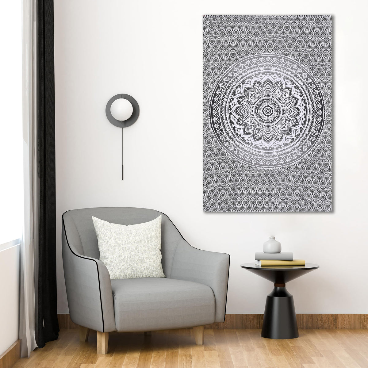 Grey Black Cotton Tapestry Mandala Wall Hanging (Grey and White / 30"L x 40"W)