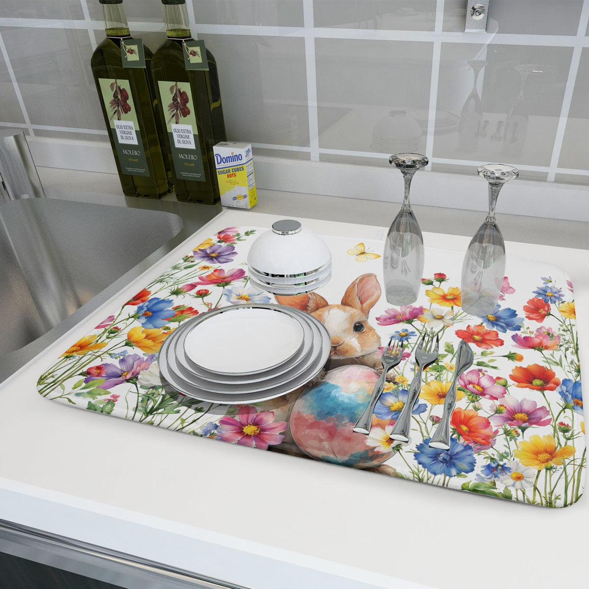 Spring Easter Rabbit Egg Dish Drying Mat for Kitchen Counter (Flowers / 18" x 24")