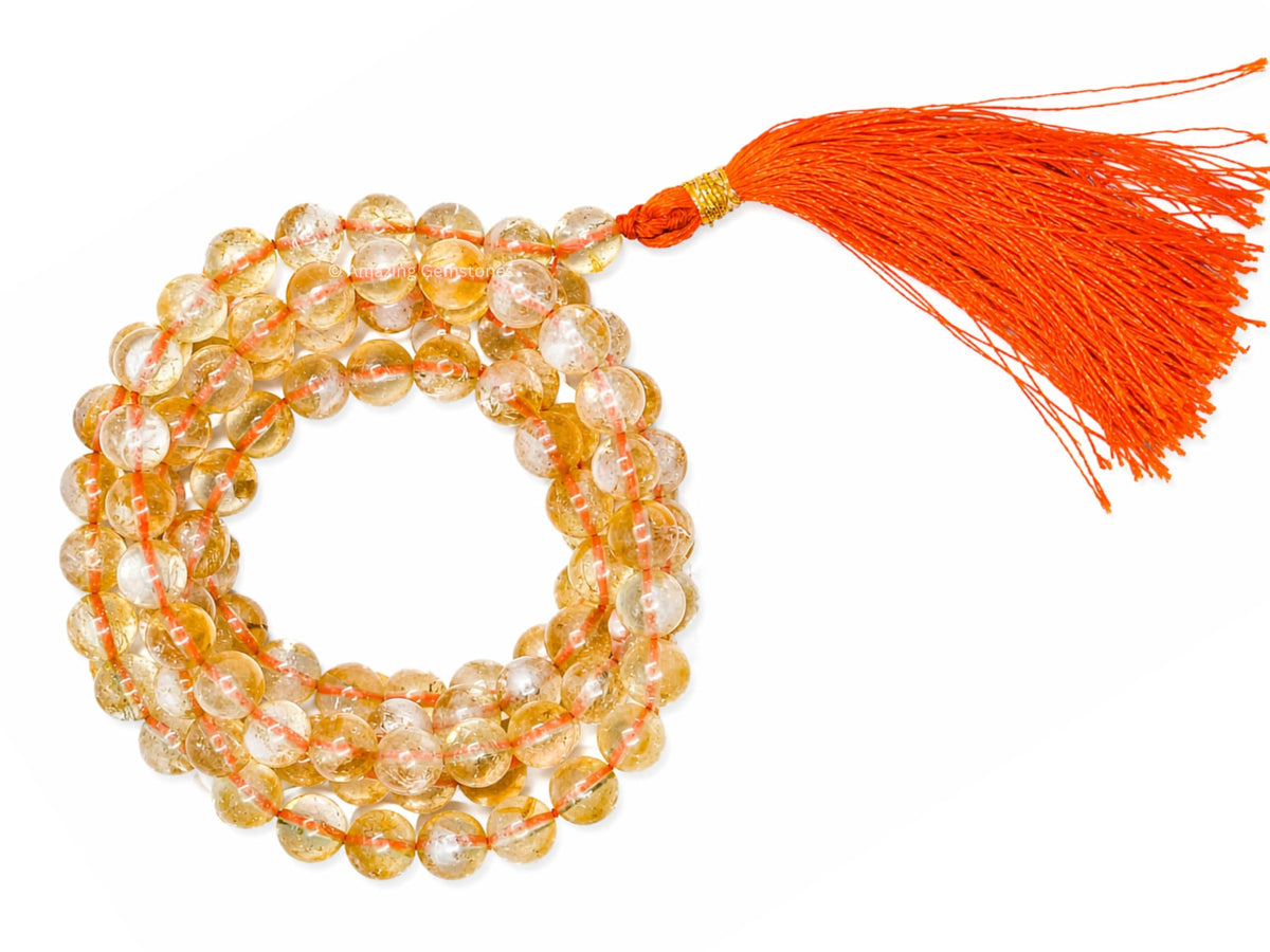 Citrine Buddhist Prayer Beads Japa Mala with 108 Meditation Beads (Without Knots / Citrine)