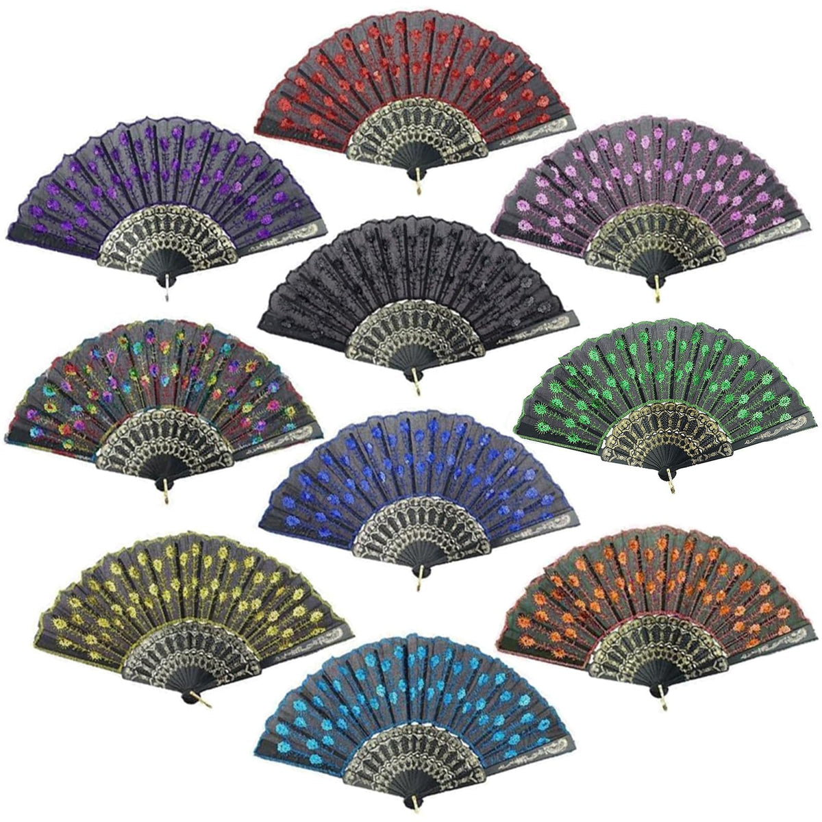 Elegant Colorful Embroidered Flower Peacock Pattern Sequin Fabric Folding Handheld Hand Fan Hand (10pcs Mixed Colors)