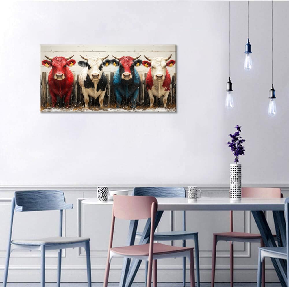 Colorful Cows Wall Art for Living Room Office Contemporary Farmhouse Rustic Charm Realistic Animal Painting Prints Country Canvas Artwork Dining Bedroom Decor Large (Rustic / Colorful Cows Wall Art / 46"L x 23"W)