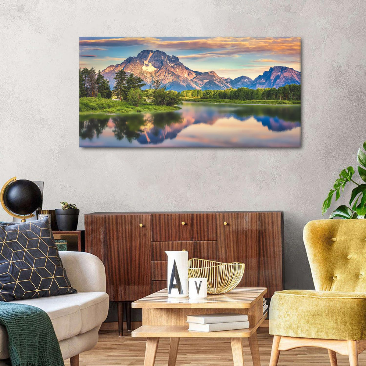 Wyoming Mountain Wall Art Snake River Landscape Pictures for Living Room Grand Teton Reflection Painting Trees National Park Scenery Canvas Prints Wilderness Artwork Bedroom Home Decorations 24x48" (48"L x 24"W / Wyoming Mountain)