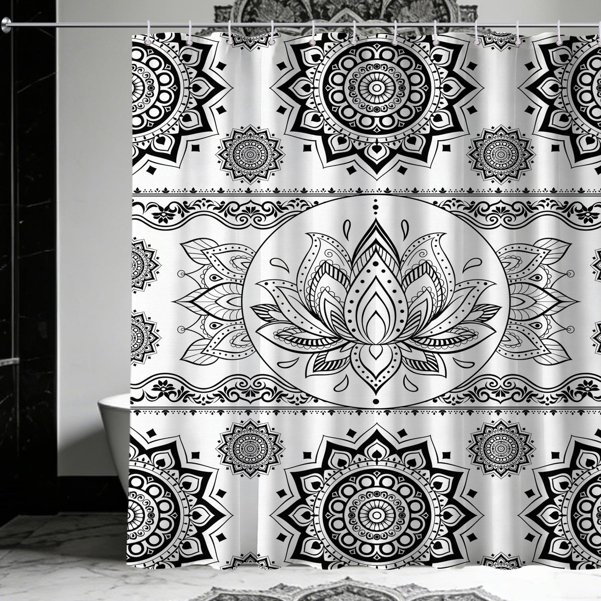 Black and White Mandala Shower Curtain Lotus Flower (Coloful / 70"W x 72"L (Pack of 1))
