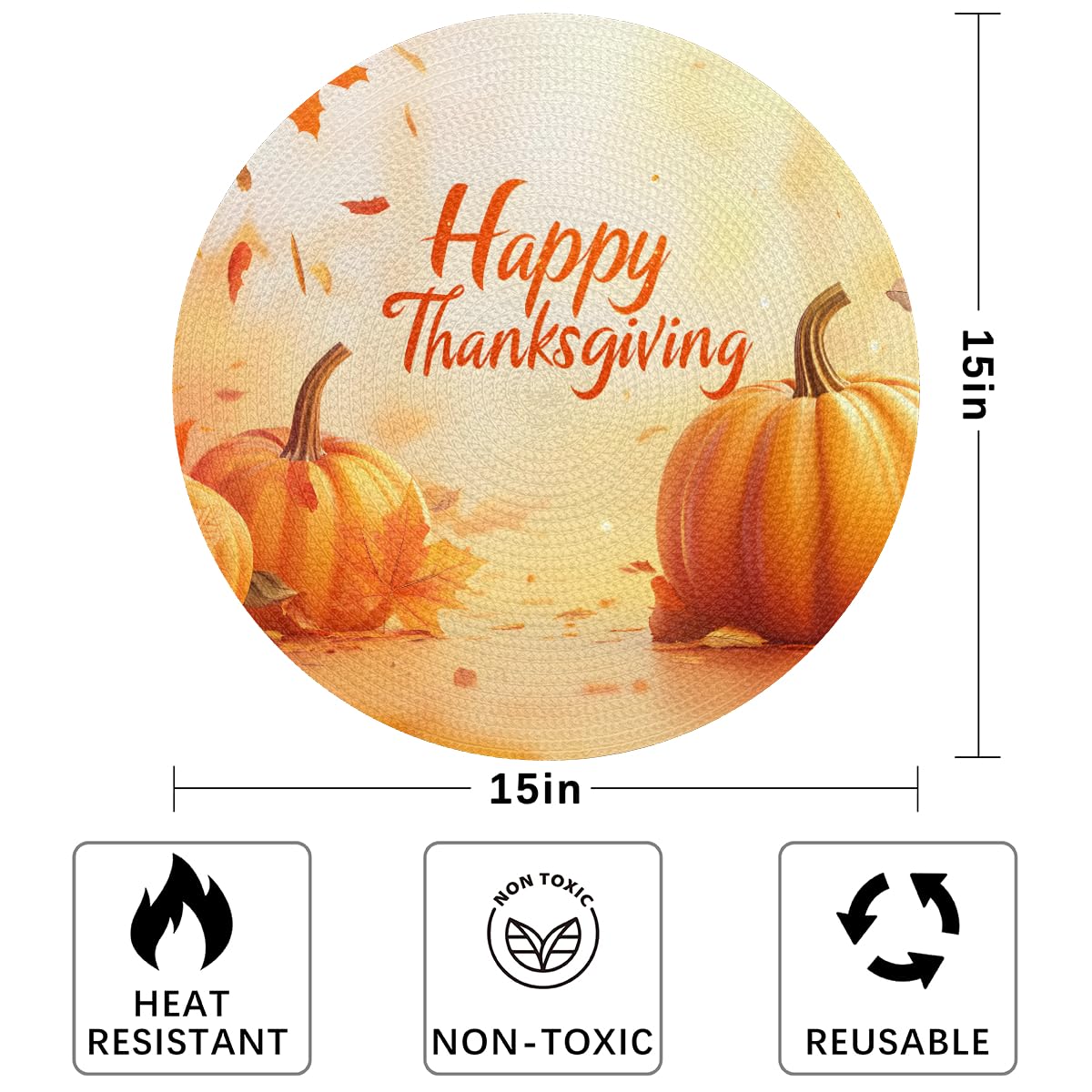 Thanksgiving Pumpkin Round Placemats Set of 6 Woven 15 Inch (B 003 / 6 pieces)