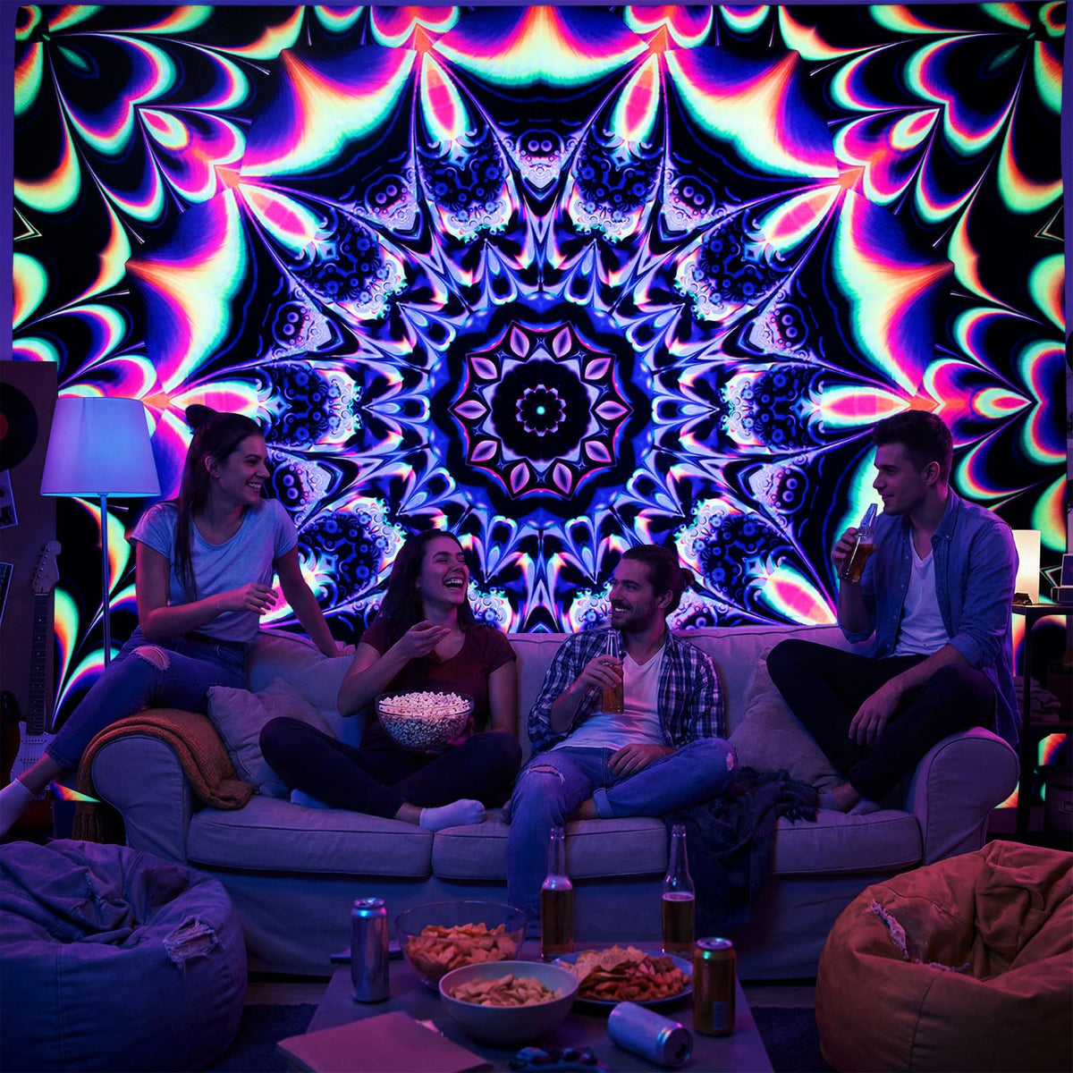 Blacklight Trippy Mandala Tapestry (Mandala Tapestry Red / 59"L x 51"W)